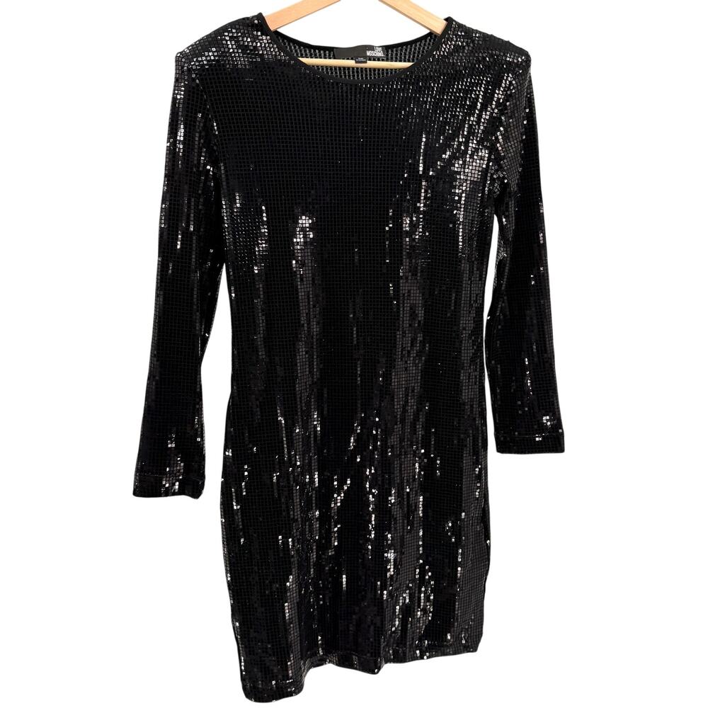 Love Moschino Black Square Sequin Mini Dress Shoulder Pad Stretch Party Shift